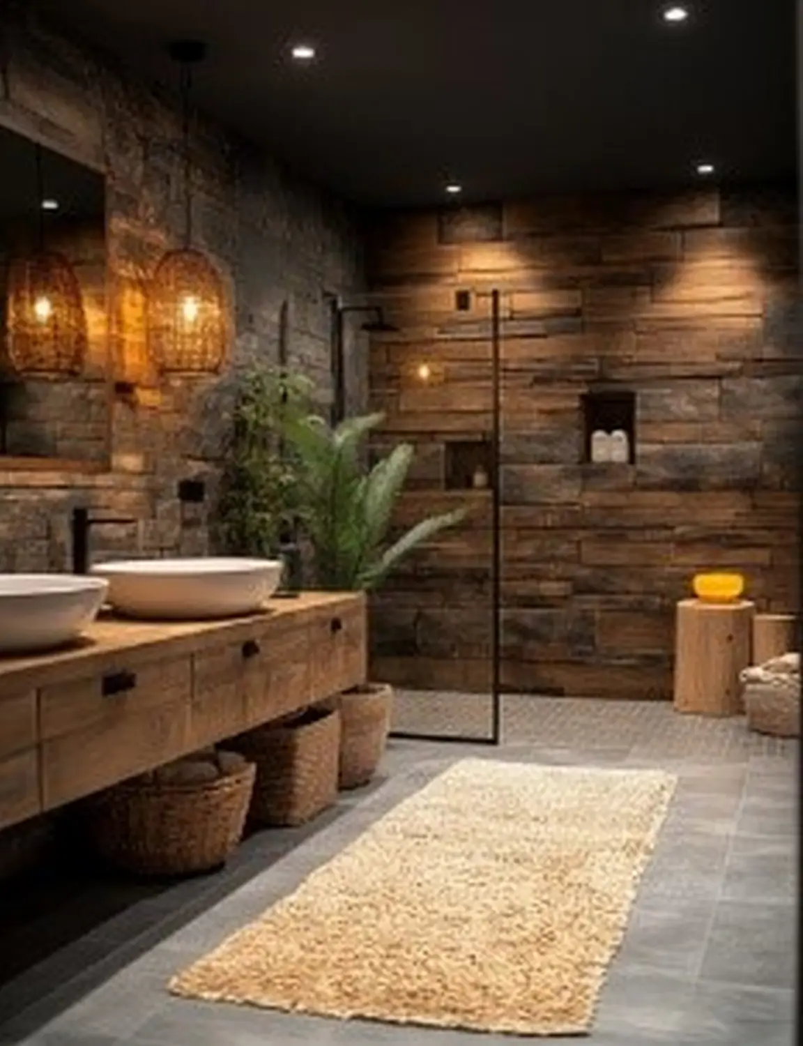 Sascha Stivic - Badezimmer mit Holzwänden und Regal